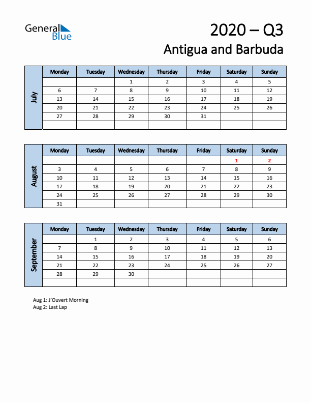 Free Q3 2020 Calendar for Antigua and Barbuda - Monday Start