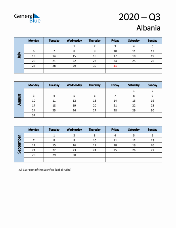 Free Q3 2020 Calendar for Albania - Monday Start