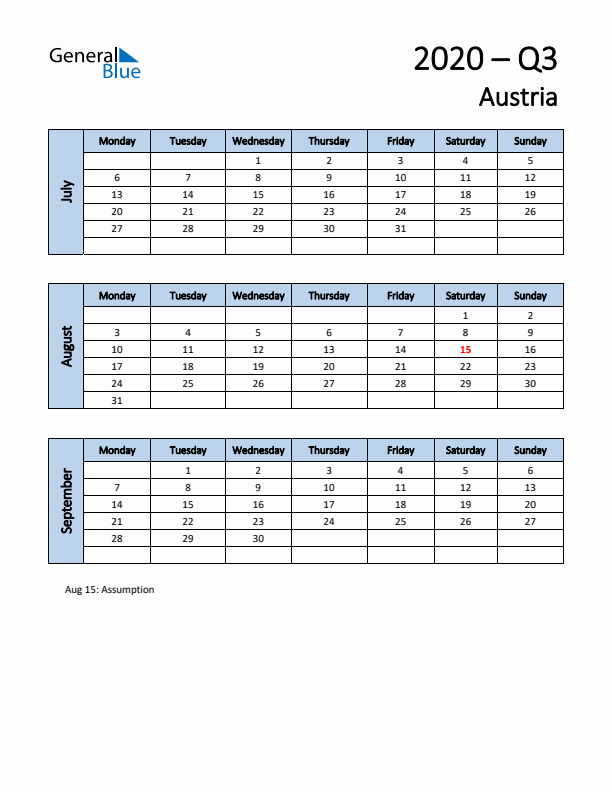 Free Q3 2020 Calendar for Austria - Monday Start