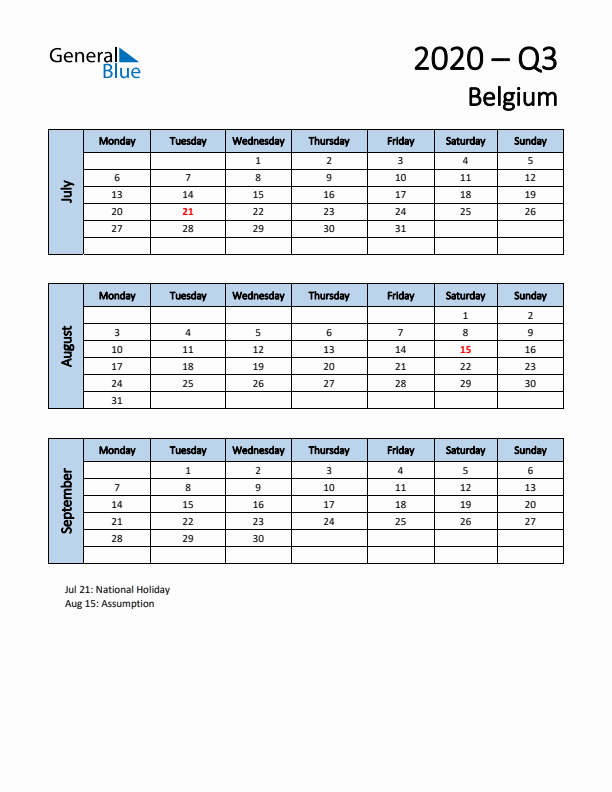 Free Q3 2020 Calendar for Belgium - Monday Start