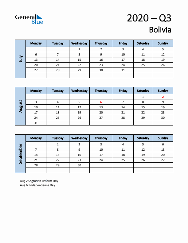 Free Q3 2020 Calendar for Bolivia - Monday Start