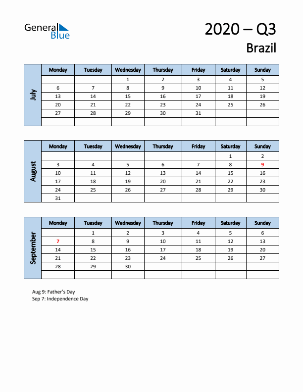 Free Q3 2020 Calendar for Brazil - Monday Start
