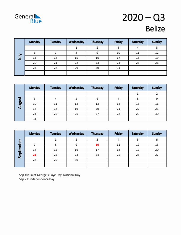 Free Q3 2020 Calendar for Belize - Monday Start