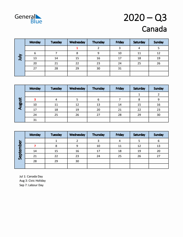 Free Q3 2020 Calendar for Canada - Monday Start