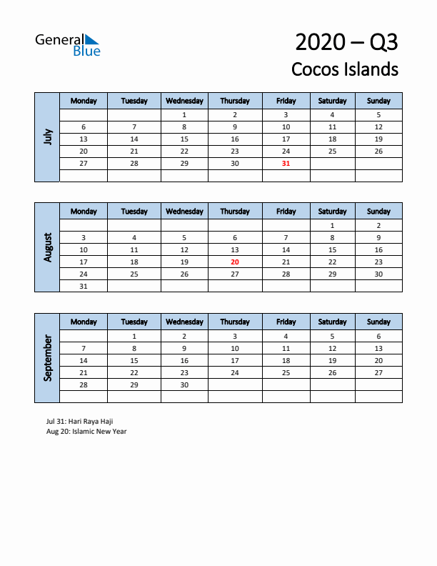 Free Q3 2020 Calendar for Cocos Islands - Monday Start
