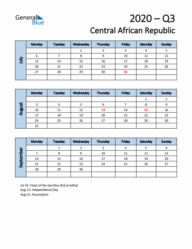 Free Q3 2020 Calendar for Central African Republic - Monday Start