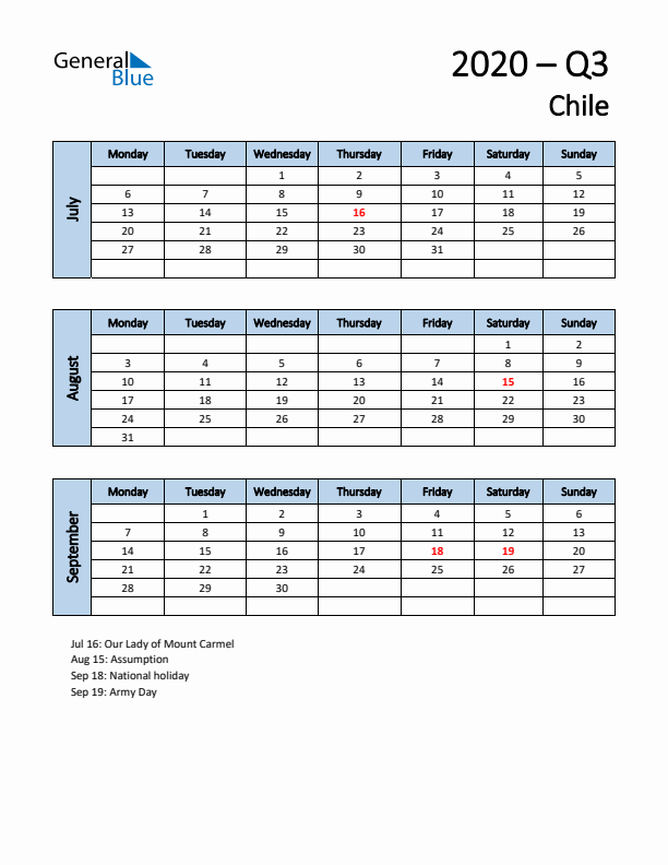 Free Q3 2020 Calendar for Chile - Monday Start