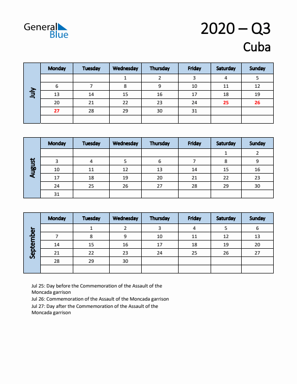 Free Q3 2020 Calendar for Cuba - Monday Start