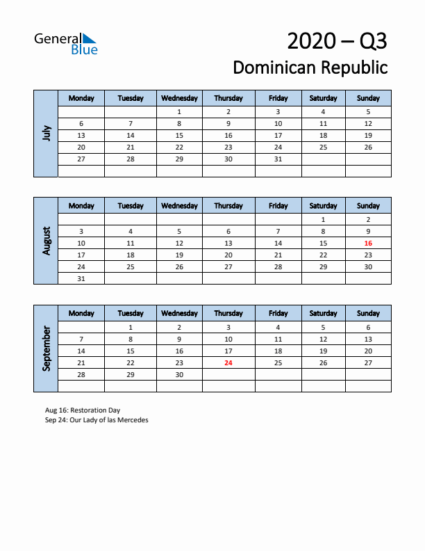 Free Q3 2020 Calendar for Dominican Republic - Monday Start