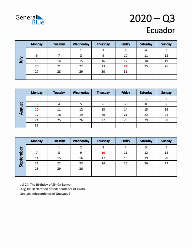 Free Q3 2020 Calendar for Ecuador - Monday Start
