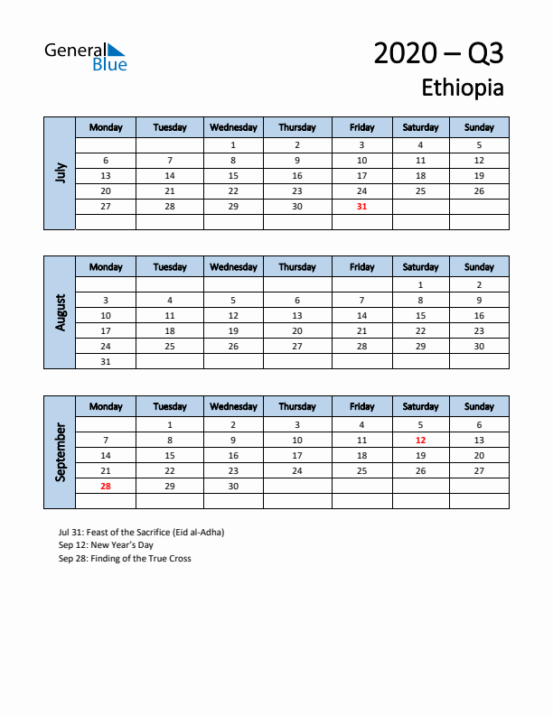 Free Q3 2020 Calendar for Ethiopia - Monday Start