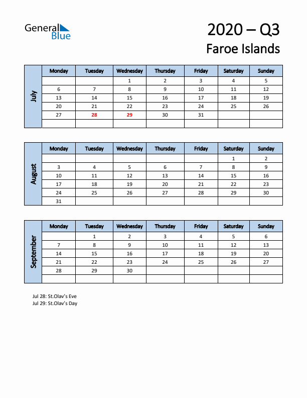 Free Q3 2020 Calendar for Faroe Islands - Monday Start