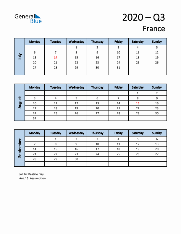 Free Q3 2020 Calendar for France - Monday Start