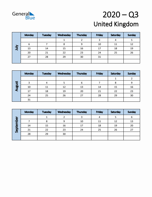 Free Q3 2020 Calendar for United Kingdom - Monday Start