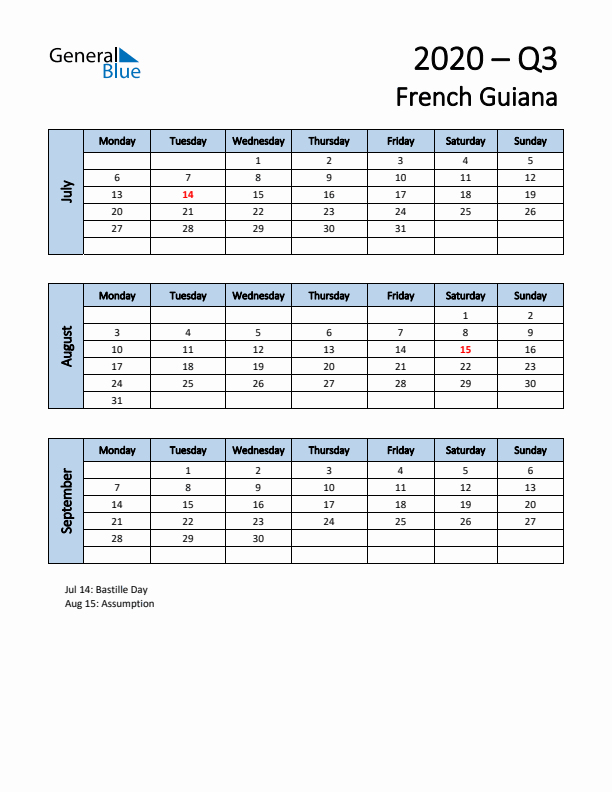 Free Q3 2020 Calendar for French Guiana - Monday Start