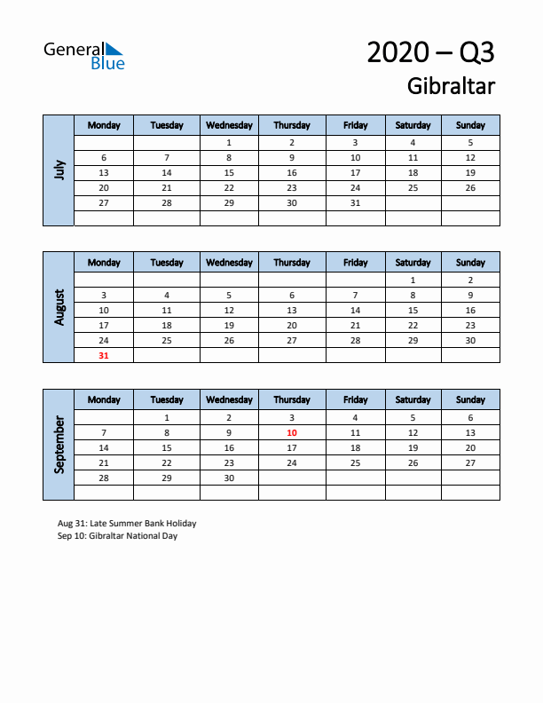 Free Q3 2020 Calendar for Gibraltar - Monday Start