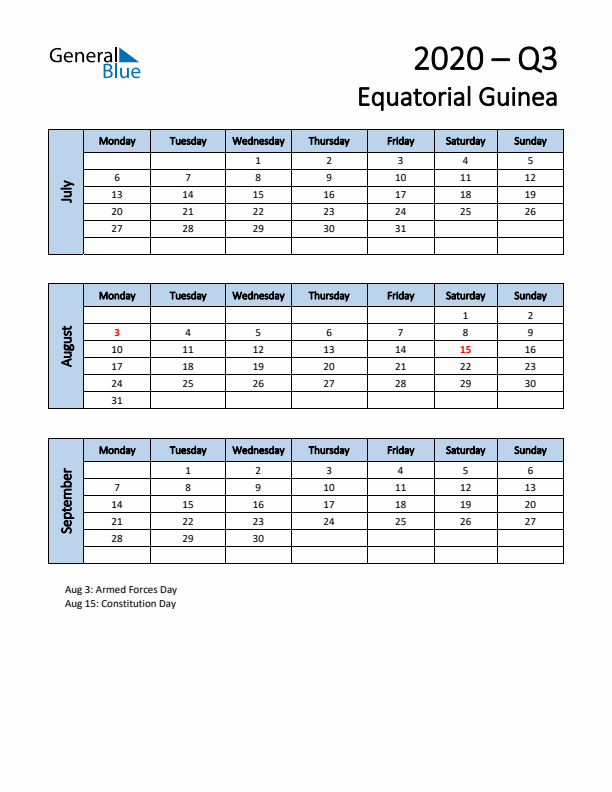Free Q3 2020 Calendar for Equatorial Guinea - Monday Start
