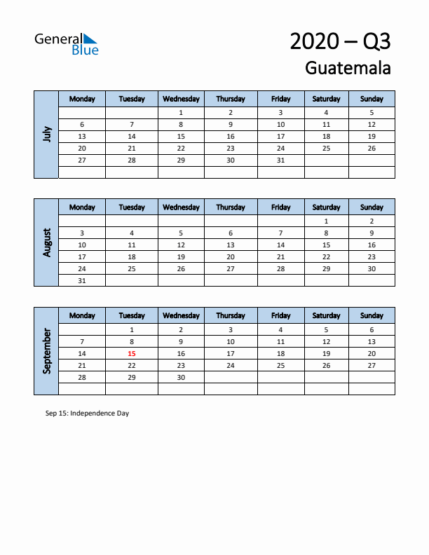 Free Q3 2020 Calendar for Guatemala - Monday Start