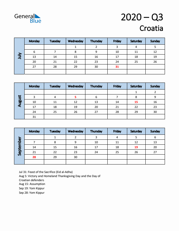 Free Q3 2020 Calendar for Croatia - Monday Start