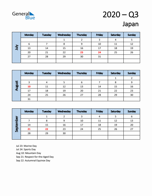 Free Q3 2020 Calendar for Japan - Monday Start