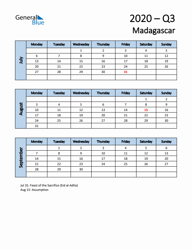 Free Q3 2020 Calendar for Madagascar - Monday Start