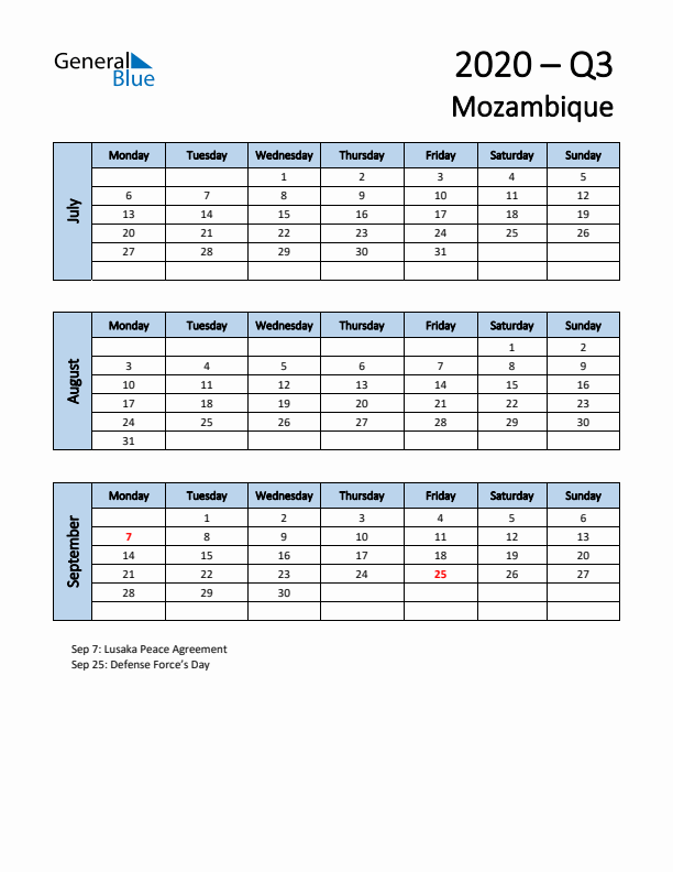 Free Q3 2020 Calendar for Mozambique - Monday Start