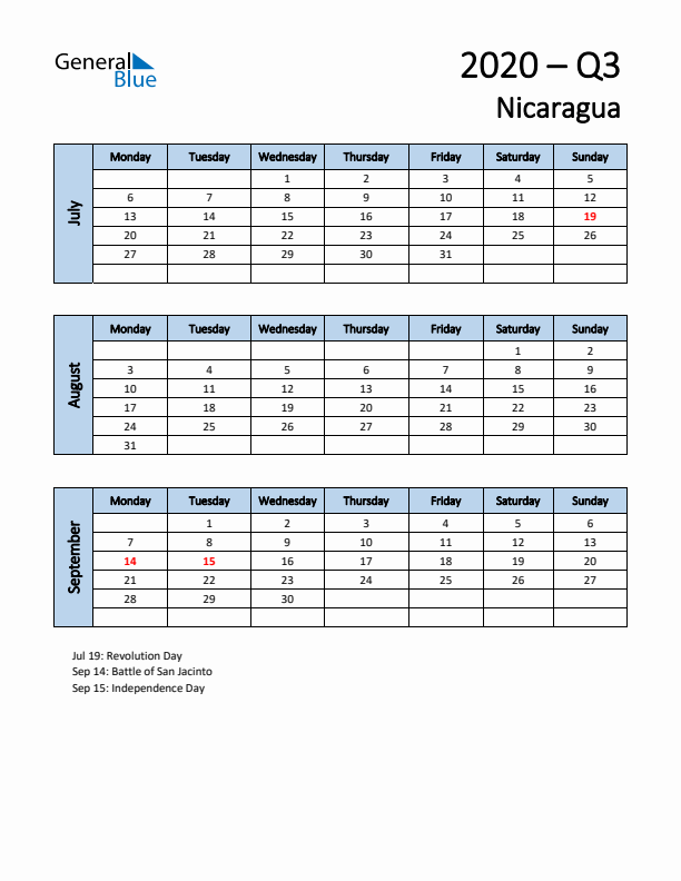 Free Q3 2020 Calendar for Nicaragua - Monday Start