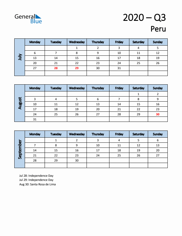 Free Q3 2020 Calendar for Peru - Monday Start