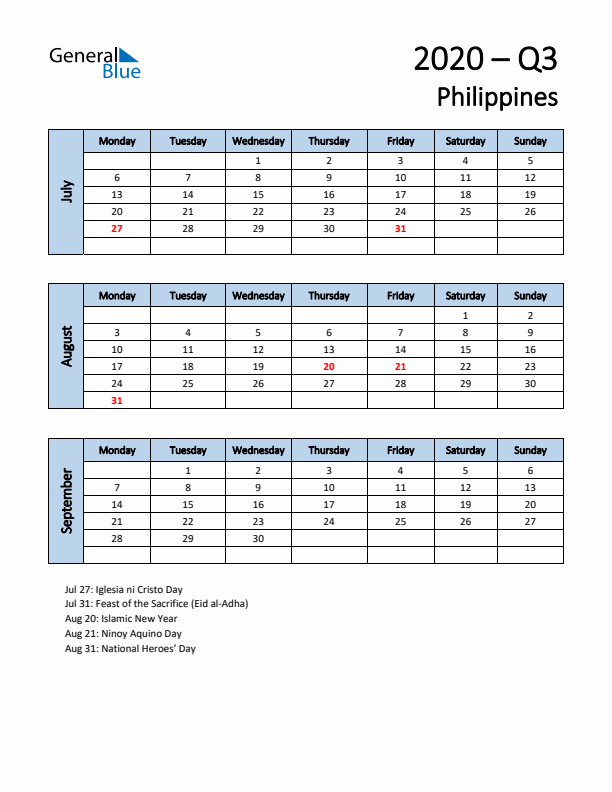 Free Q3 2020 Calendar for Philippines - Monday Start
