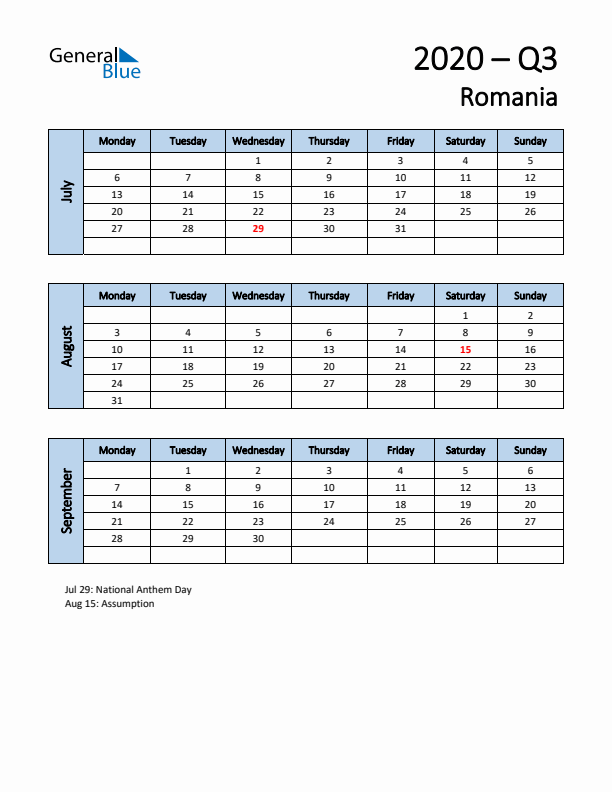 Free Q3 2020 Calendar for Romania - Monday Start