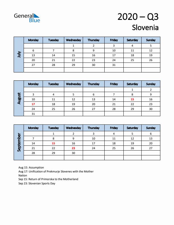 Free Q3 2020 Calendar for Slovenia - Monday Start
