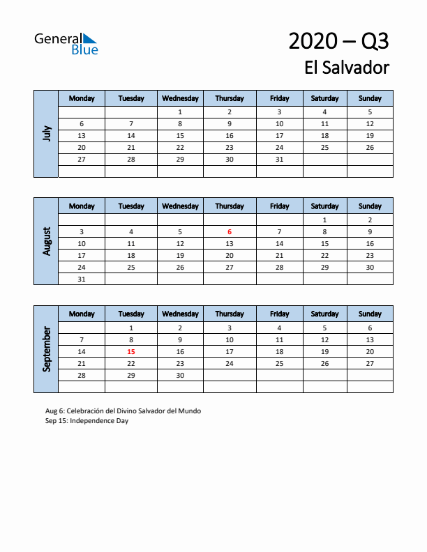 Free Q3 2020 Calendar for El Salvador - Monday Start