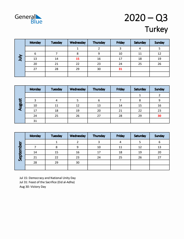 Free Q3 2020 Calendar for Turkey - Monday Start