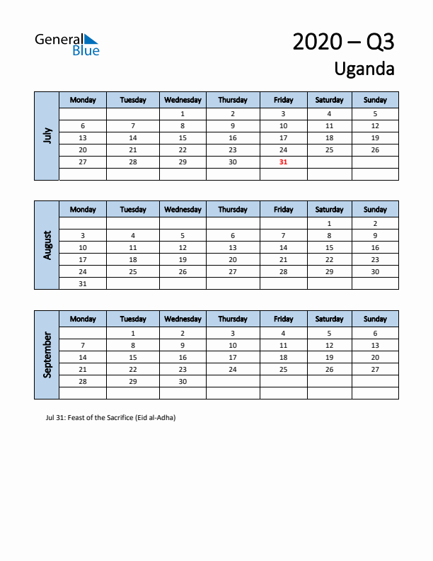Free Q3 2020 Calendar for Uganda - Monday Start