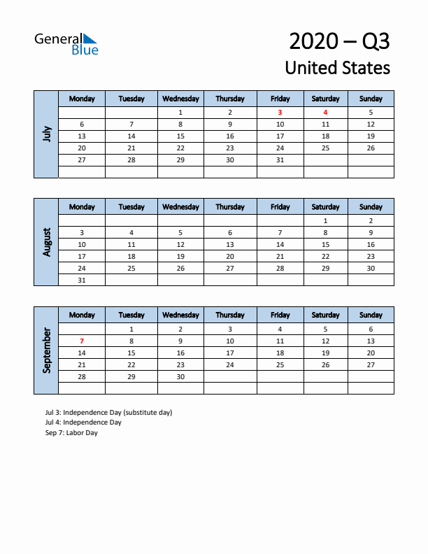 Free Q3 2020 Calendar for United States - Monday Start