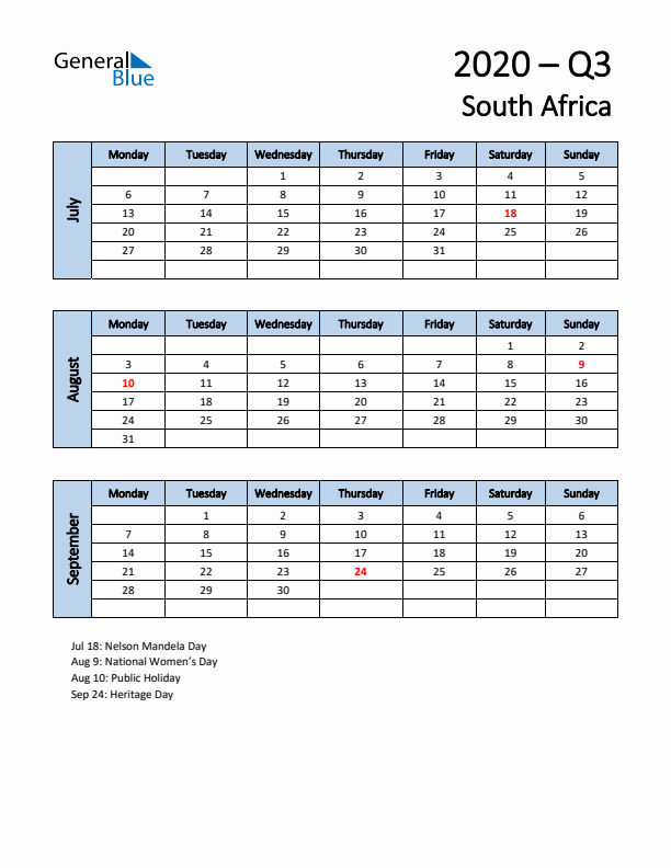 Free Q3 2020 Calendar for South Africa - Monday Start