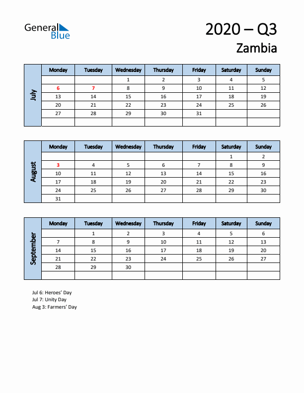 Free Q3 2020 Calendar for Zambia - Monday Start