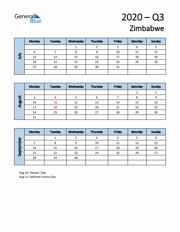 Free Q3 2020 Calendar for Zimbabwe - Monday Start