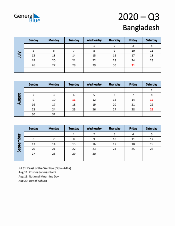 Free Q3 2020 Calendar for Bangladesh - Sunday Start
