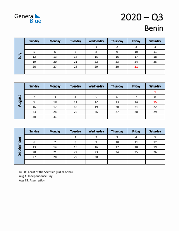 Free Q3 2020 Calendar for Benin - Sunday Start