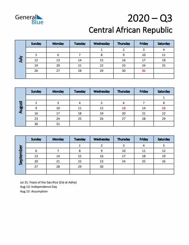 Free Q3 2020 Calendar for Central African Republic - Sunday Start