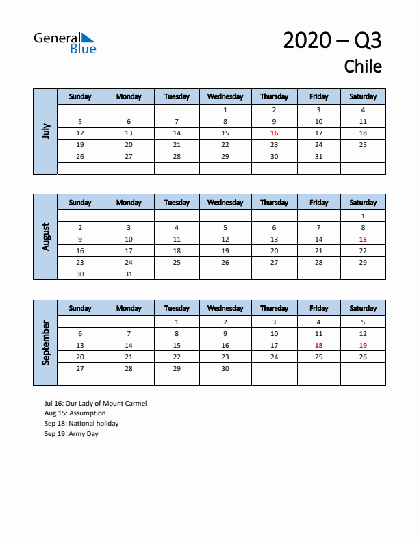 Free Q3 2020 Calendar for Chile - Sunday Start