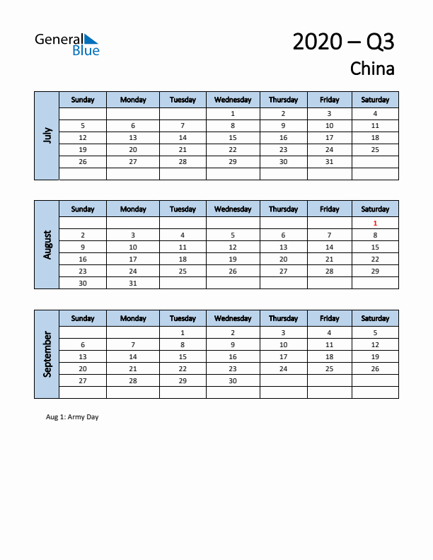 Free Q3 2020 Calendar for China - Sunday Start