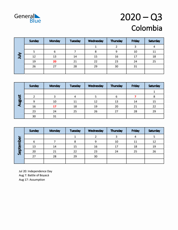 Free Q3 2020 Calendar for Colombia - Sunday Start