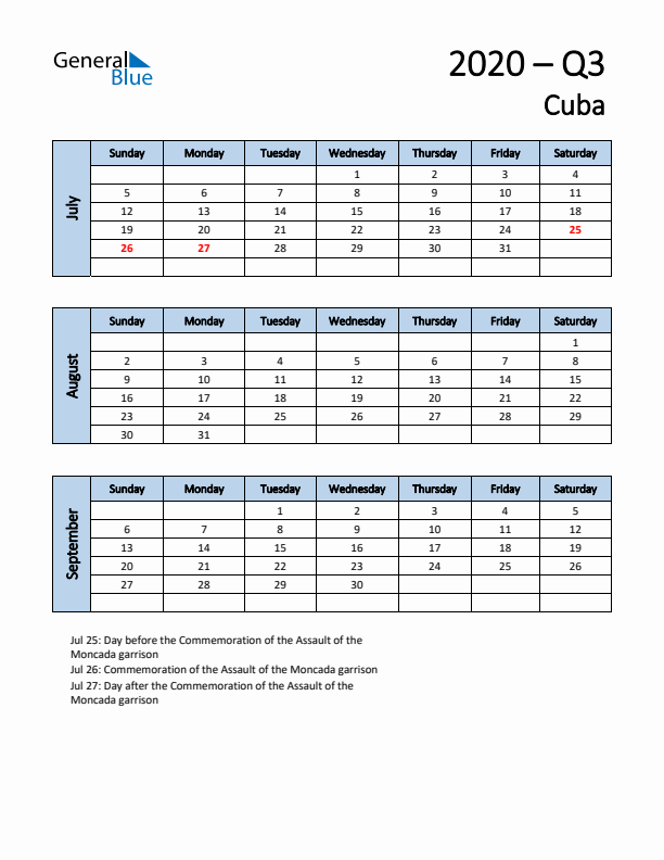 Free Q3 2020 Calendar for Cuba - Sunday Start
