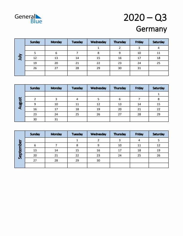Free Q3 2020 Calendar for Germany - Sunday Start