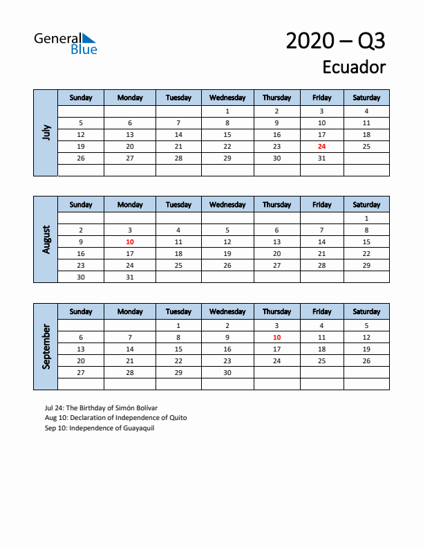 Free Q3 2020 Calendar for Ecuador - Sunday Start