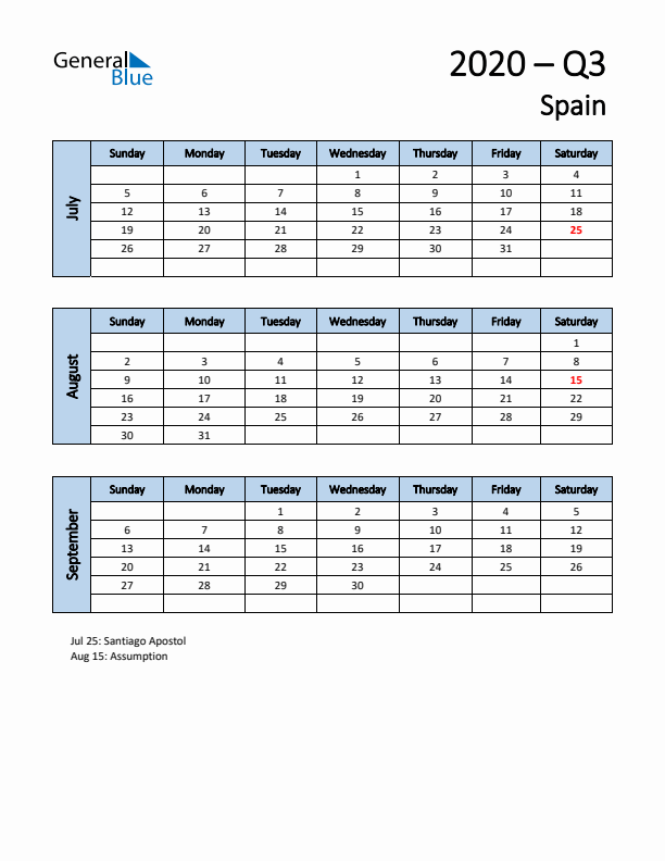 Free Q3 2020 Calendar for Spain - Sunday Start