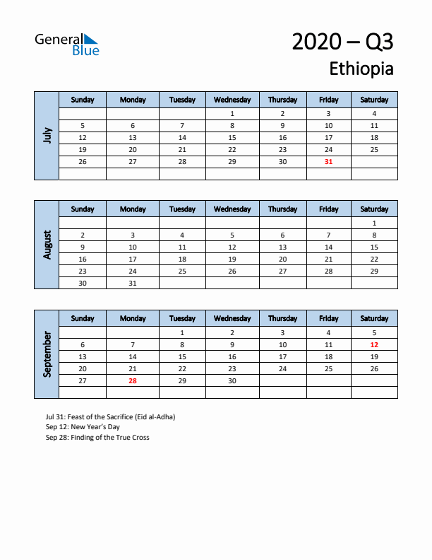 Free Q3 2020 Calendar for Ethiopia - Sunday Start