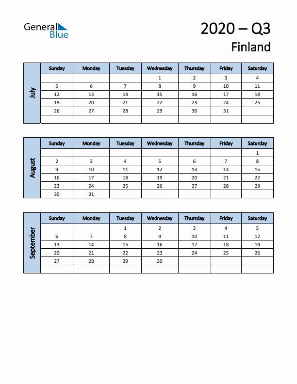 Free Q3 2020 Calendar for Finland - Sunday Start